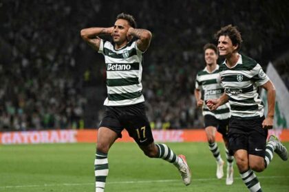 Rodrigo Zalazar of Sporting CP wearing a green and white striped jersey with number 17 celebrates with his hands to his ears after scoring during the UEFA Champions League 2026/27 League Phase match between Sporting Club de Portugal and Galatasaray A.S. at Estadio Jose Alvalade in Lisbon, Portugal on September 9, 2026.