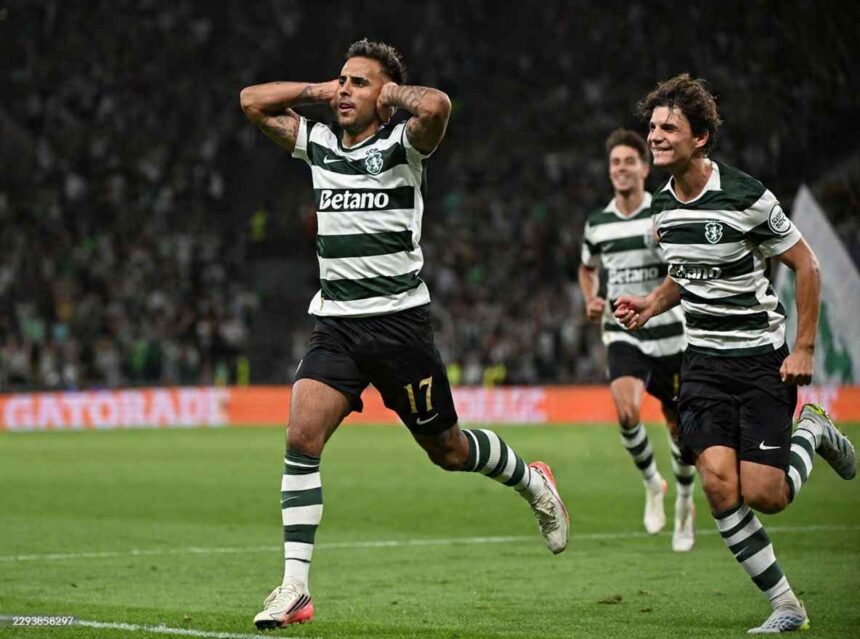 Rodrigo Zalazar of Sporting CP wearing a green and white striped jersey with number 17 celebrates with his hands to his ears after scoring during the UEFA Champions League 202627 League Phase match between Sporting Club de Portugal and Galatasaray AS at Estadio Jose Alvalade in Lisbon Portugal on September 9 2026  trybalnews
