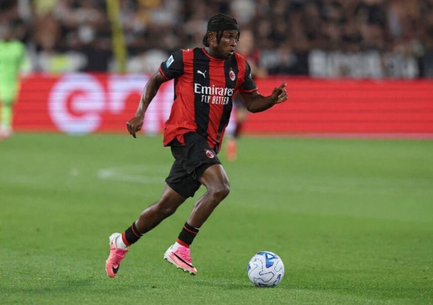 Nigeria winger Samuel Chukwueze wearing AC Milans red and black striped home kit dribbling the ball during the Serie A match between Juventus and AC Milan at the stadium in Turin Italy on September 6 2026  trybalnews