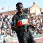 Akor Adams of Venezia celebrates a goal during the Italian Serie A Football match between Venezia and Napoli at Stadio Pier Luigi Penzo. Final score; Venezia 1:0 Napoli. (Photo by Emanuele Pennacchio/SOPA Images/LightRocket via Getty Images)