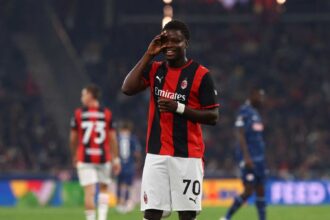 Long / Descriptive ALT: Alphadjo Cisse of AC Milan celebrates scoring in the UEFA Europa League 2026/27 League Phase match between FC Salzburg and AC Milan at Stadion Salzburg, wearing number 70 jersey
