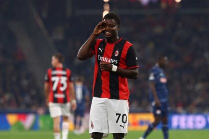 Long / Descriptive ALT: Alphadjo Cisse of AC Milan celebrates scoring in the UEFA Europa League 2026/27 League Phase match between FC Salzburg and AC Milan at Stadion Salzburg, wearing number 70 jersey
