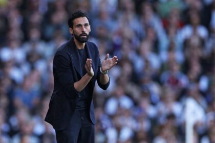 Alvaro Arbeloa, head coach of Fulham, applauds his team on the touchline during the Premier League match between Fulham and Manchester United at Craven Cottage in London, on September 20, 2026.