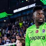 Trabzonspor goalkeeper Andre Onana wearing bright green Papara jersey walking out at Papara Park before UEFA Conference League match against Heart of Midlothian in Trabzon  trybalnews