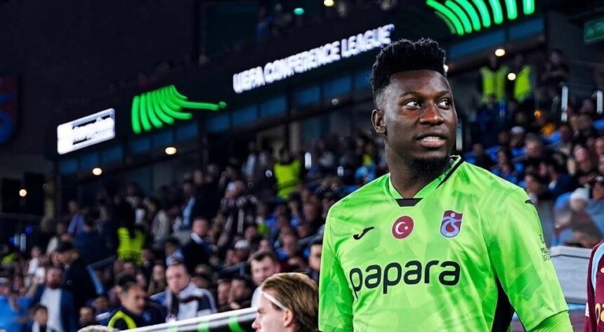 Trabzonspor goalkeeper Andre Onana wearing bright green Papara jersey walking out at Papara Park before UEFA Conference League match against Heart of Midlothian in Trabzon  trybalnews