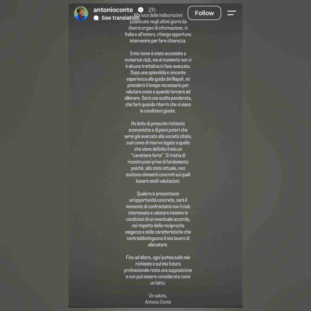 Antonio Conteaposs official Instagram account antonioconte with verified badge sharing a long statement in Italian saying his name has been linked to numerous clubs but no advanced talks exist calling reports of economic demands and strong personality unfounded signed Un saluto Antonio Conte  trybalnews