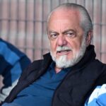 Napoli president Aurelio De Laurentiis with grey beard wearing blue polo and black vest seated in stands during Napoli vs Carrarese pre season friendly at Dimaro on July 26 2026  trybalnews