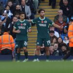 Brightons Yasin Ayari wearing the dark green No 26 kit celebrates with teammate No 19 in front of the crowd after scoring during the Premier League match against Manchester City at the Etihad Stadium  trybalnews