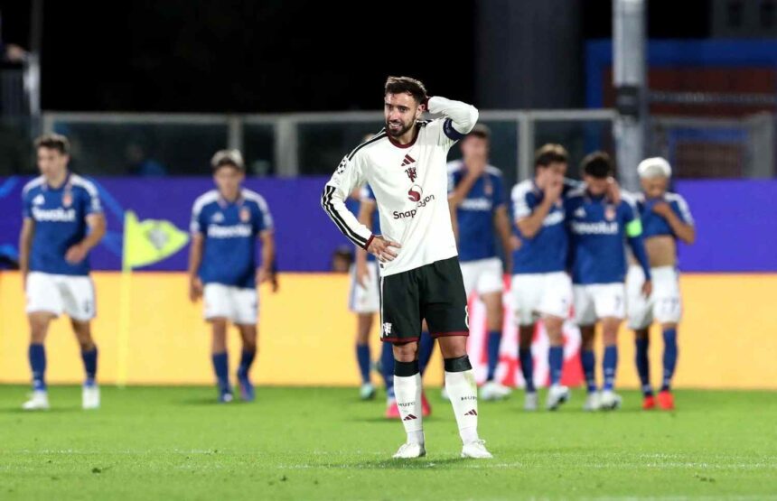 Bruno Fernandes of Manchester United reacts dejected after Nico Paz scores for Como 1907 during Champions League League Phase MD3 match at Giuseppe Sinigaglia Stadium  trybalnews