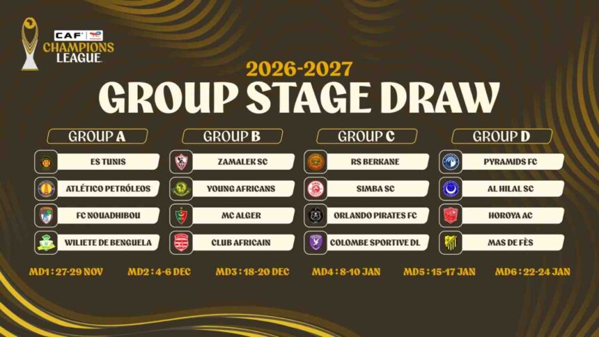 2026 2027 CAF Champions League group stage draw results showing Groups A B C D with team logos and matchday dates  trybalnews
