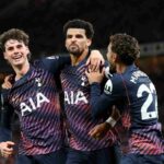 Tottenham Hotspurs Dominic Solanke celebrates scoring with teammates Archie Gray and Omar Marmoush during a Premier League match at Old Trafford  trybalnews