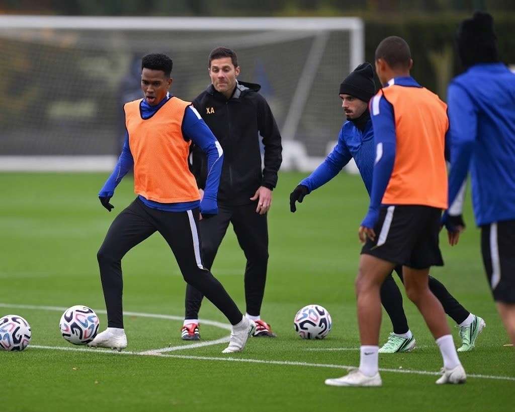 Chelseaaposs Estevao Willian takes part in a training drill under watch of manager Xabi Alonso and teammate Pedro Neto at Chelsea Training Ground in Cobham  trybalnews
