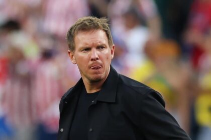 Germany manager Julian Nagelsmann in black jacket showing frustration after Germany lost to Paraguay on penalties in 2026 World Cup Round of 32 at Boston Stadium