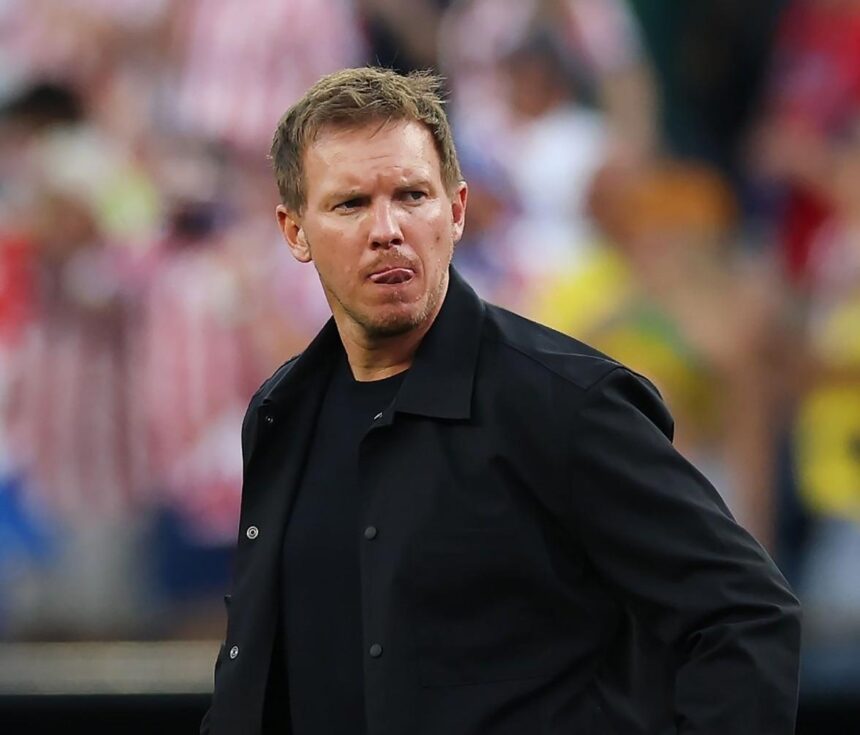 Germany manager Julian Nagelsmann in black jacket showing frustration after Germany lost to Paraguay on penalties in 2026 World Cup Round of 32 at Boston Stadium  trybalnews