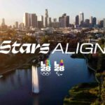 Aerial view of Los Angeles skyline with Echo Park Lake in foreground overlaid with text Stars ALIGN and the LA28 Olympic and Paralympic Games logos  trybalnews