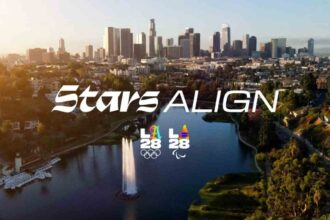 Aerial view of Los Angeles skyline with Echo Park Lake in foreground overlaid with text Stars ALIGN and the LA28 Olympic and Paralympic Games logos  trybalnews