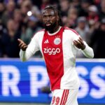 Tolu Arokodare wearing Ajax number 99 jersey celebrates 1 0 goal during Conference League match vs Atalanta at Johan Cruijff Arena in Amsterdam  trybalnews