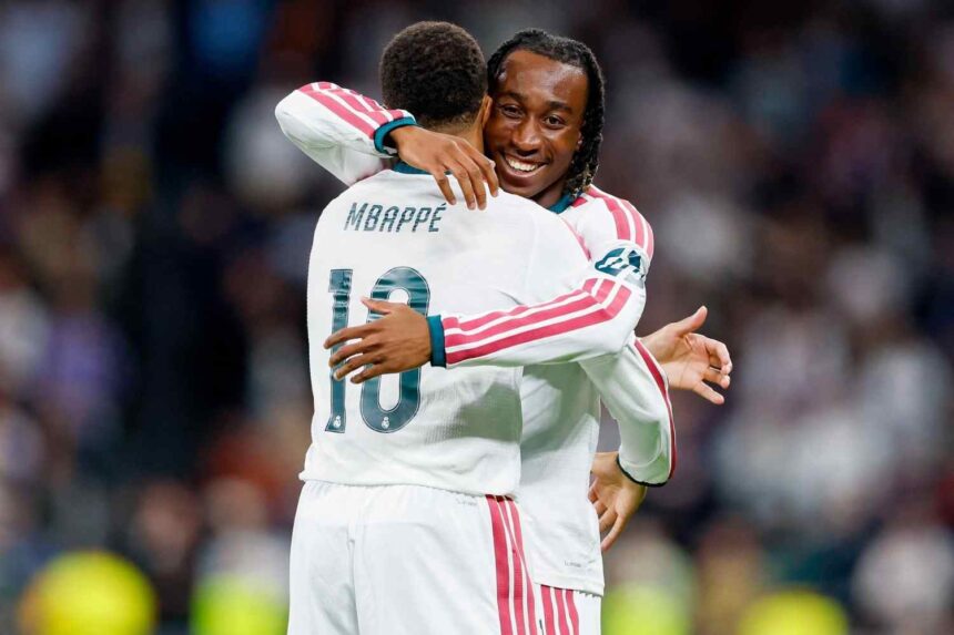 Real Madrids Yan Diomande celebrates fourth goal with Kylian Mbappe during Real Madrid vs RB Leipzig Champions League 202627 match at Estadio Santiago Bernabeu  trybalnews